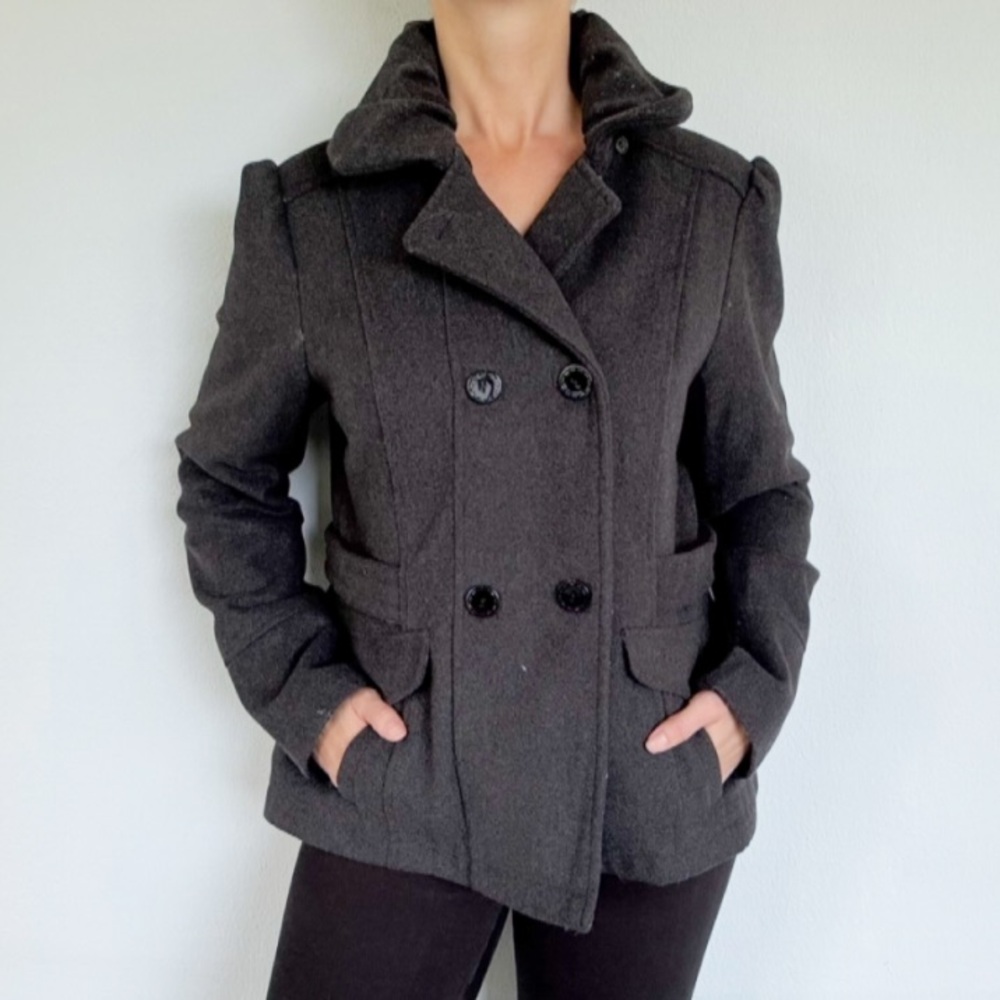 Celebrity Pink dark gray wool blend double breasted puff collar jacket large